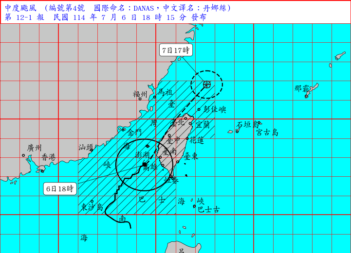 中颱丹娜絲暴風圈進入台灣南部陸地及澎湖 南部地區及澎湖風雨逐漸增大