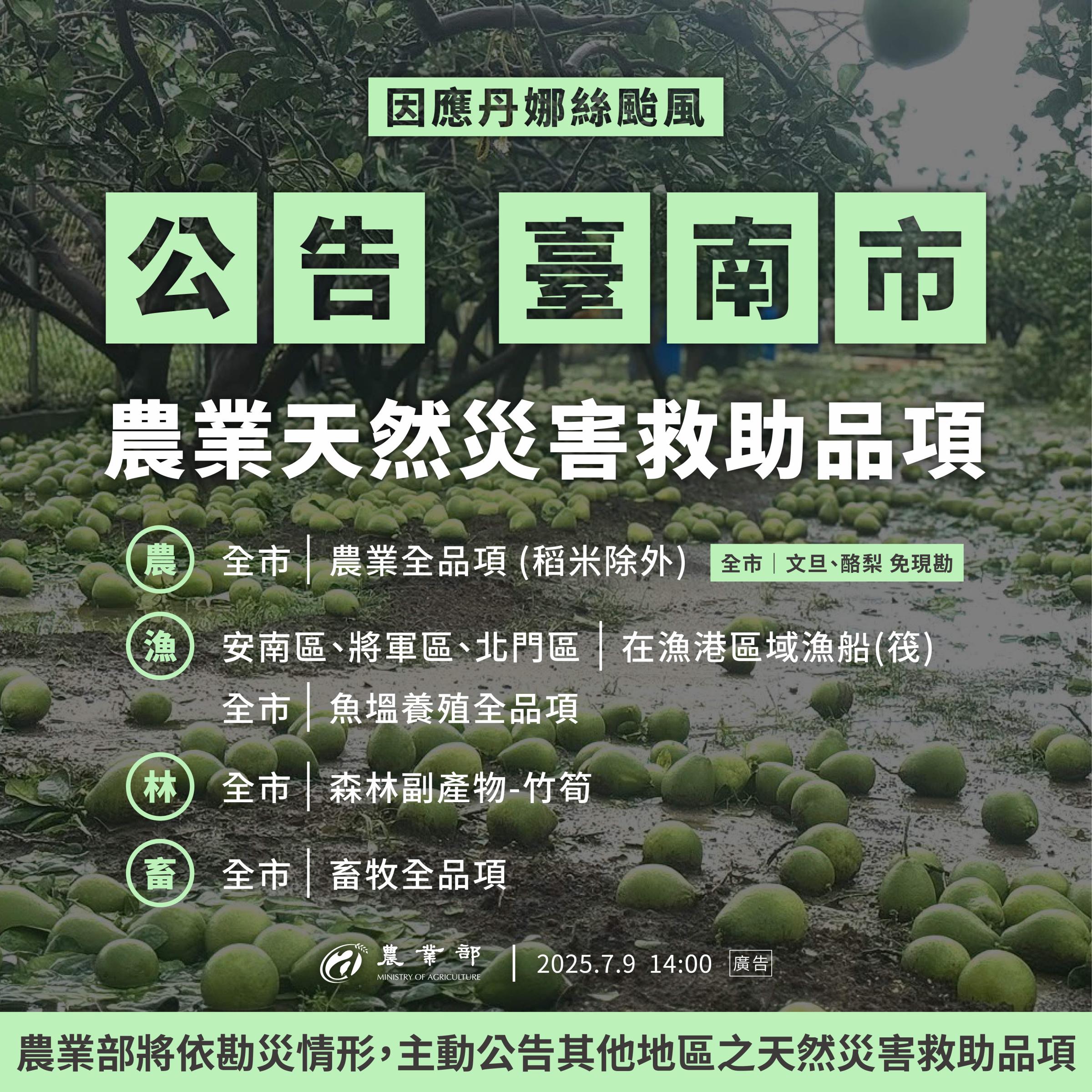 丹娜絲風災害救助第二波公告 農業部：節省相關流程、儘快協助農民復耕