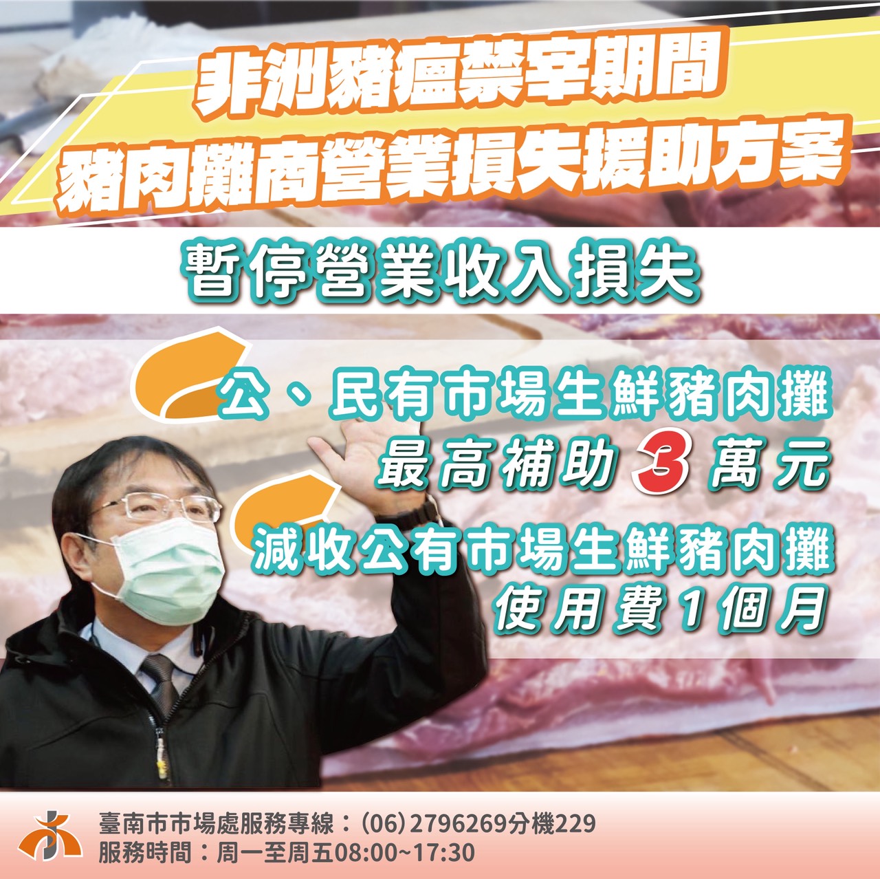 非洲豬瘟禁宰影響營運 南市府受理豬肉攤商損失補助申請 每攤最高3萬元