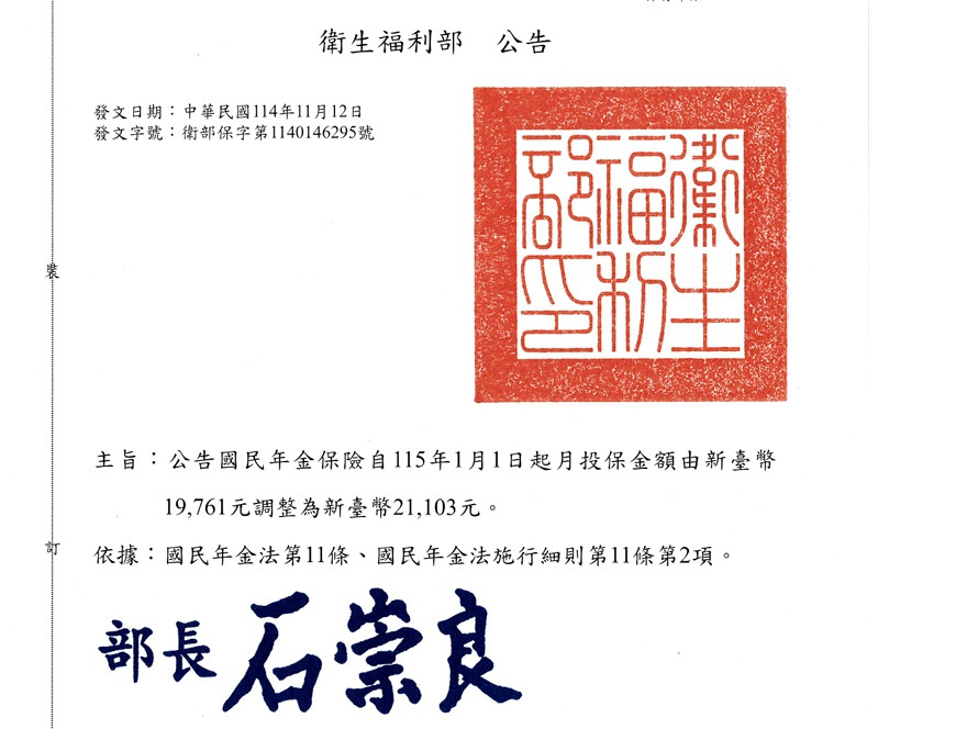 國保月投保金額115年起調整為21,103元 低收入及重度以上身障者不受影響