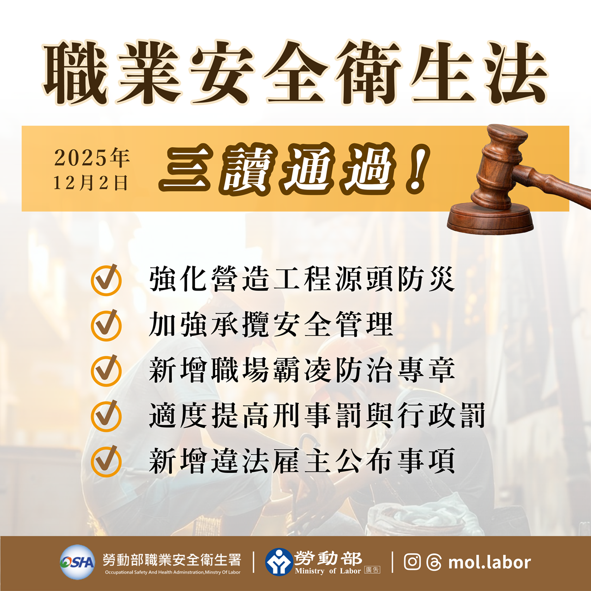 立法院修正《職業安全衛生法》部分條文並新增6條文 提升整體勞動環境