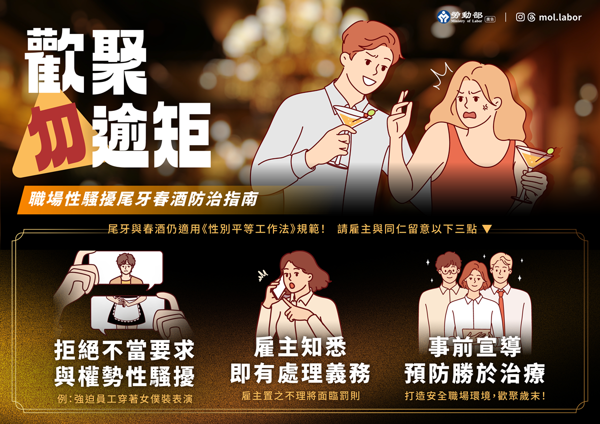 歲末尾牙春酒旺季 勞動部呼籲：歡聚勿踰矩 雇主應落實職場性騷擾防治！