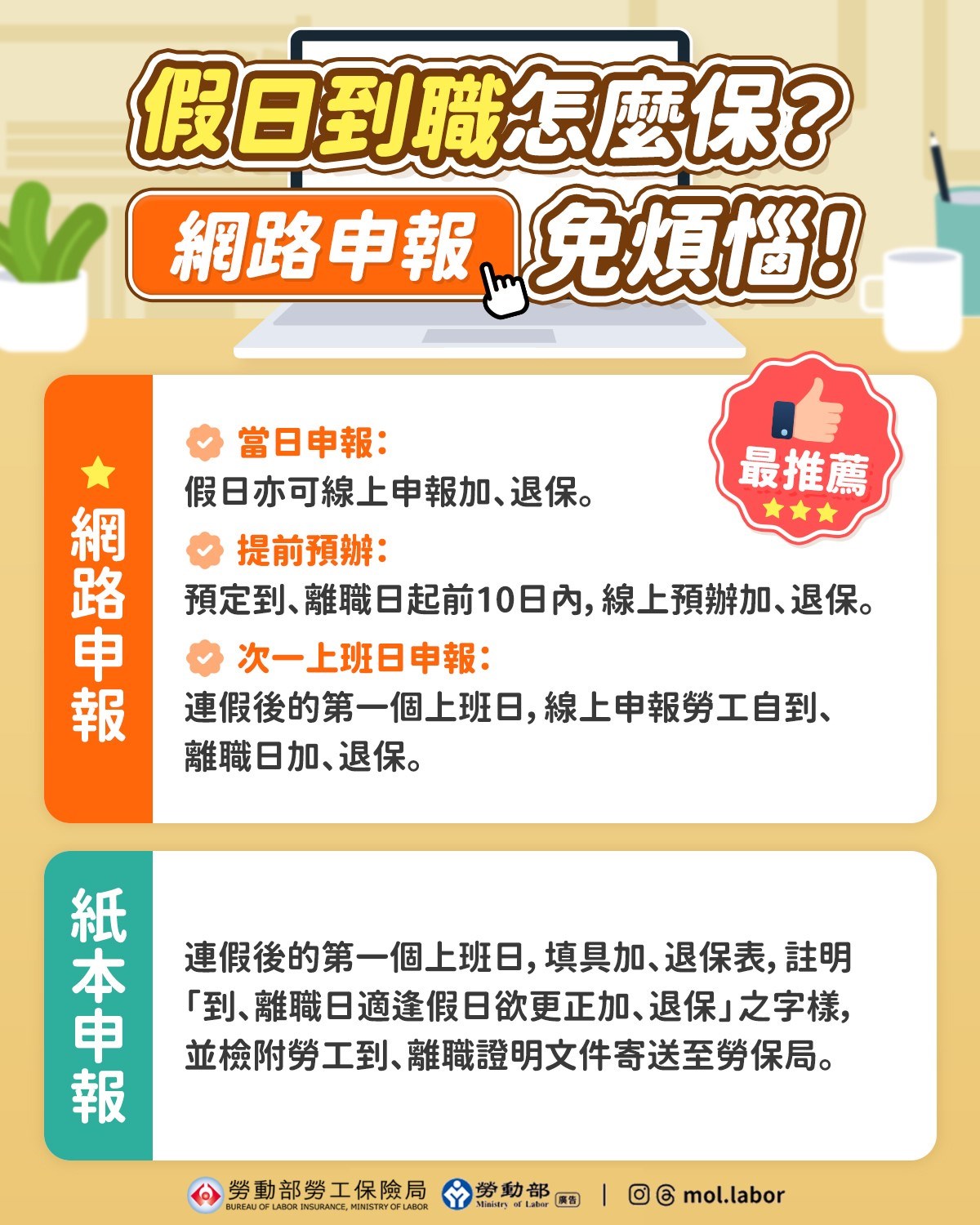 勞工在假日到職怎麼辦理加保？ 勞保局e化服務系統提供3種線上申報方式